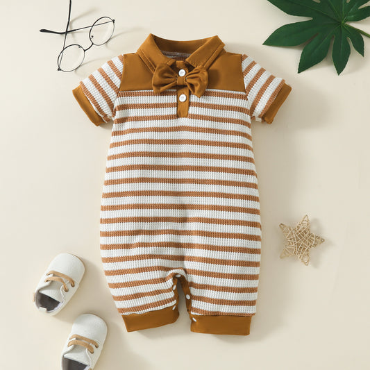 Baby Boy Fashion Waffle Strip Short Sleeve Rompers