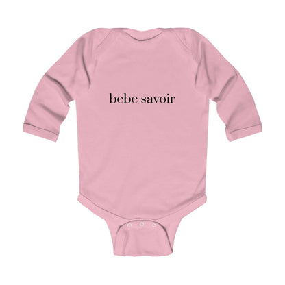 Pink Bebe Savoir long sleeve infant bodysuit providing cozy and stylish comfort for newborns to toddlers.