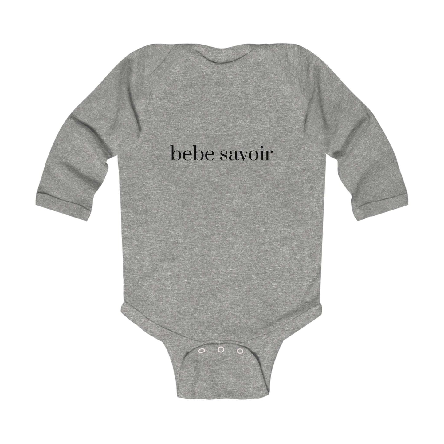 Grey long sleeve infant bodysuit with "bebe savoir" text, perfect for keeping babies cozy and stylish in cooler weather.