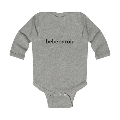 Grey long sleeve infant bodysuit with "bebe savoir" text, perfect for keeping babies cozy and stylish in cooler weather.