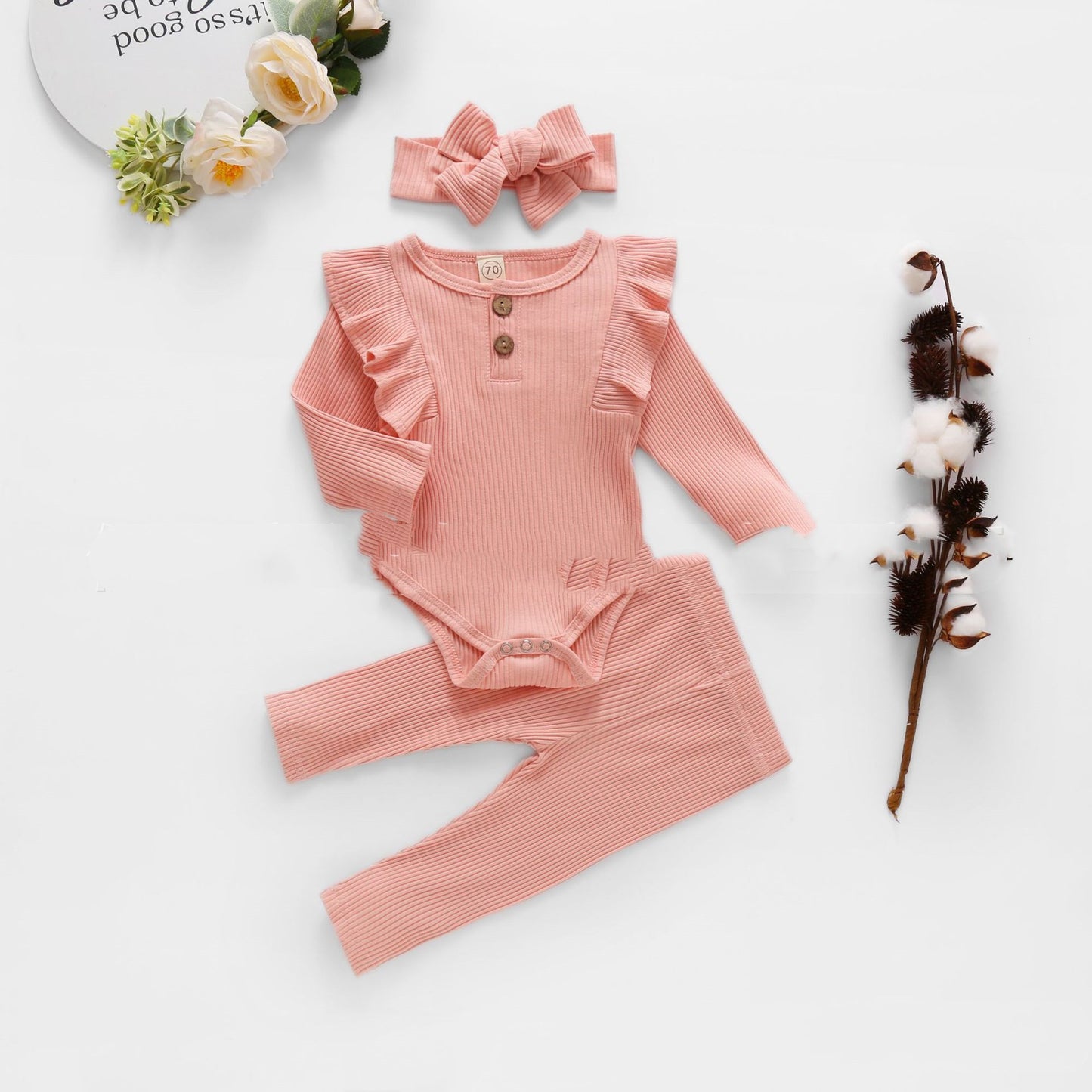 Explosive Hanging Striped Solid Color Flying Sleeve Romper Baby Set