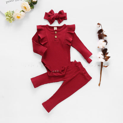 Explosive Hanging Striped Solid Color Flying Sleeve Romper Baby Set