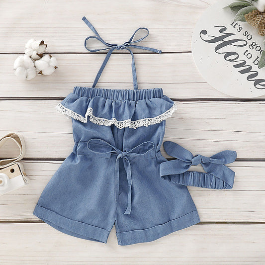 Infant Denim Jumpsuit & Headband Set - Cross-Border Style