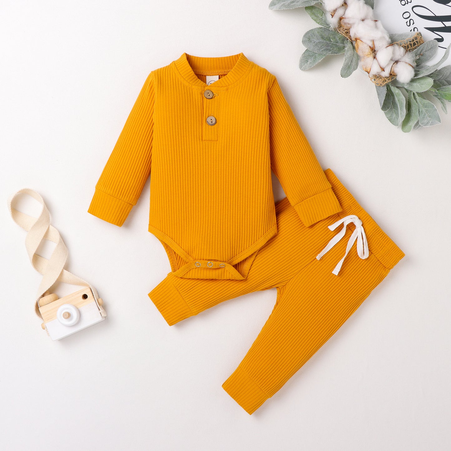 Explosive Hanging Striped Solid Color Flying Sleeve Romper Baby Set