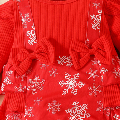 Christmas Long Type Crawling Suit Baby Girl Sunken Stripe Long Sleeve Fake Suspenders Romper