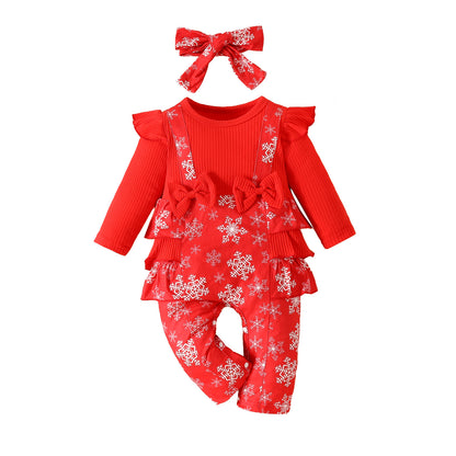 Christmas Long Type Crawling Suit Baby Girl Sunken Stripe Long Sleeve Fake Suspenders Romper