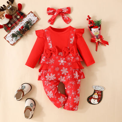 Christmas Long Type Crawling Suit Baby Girl Sunken Stripe Long Sleeve Fake Suspenders Romper