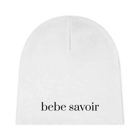 Stylish baby beanie "bebe savoir" in white, perfect for newborns and infants, made from 100% polyester for warmth and comfort.